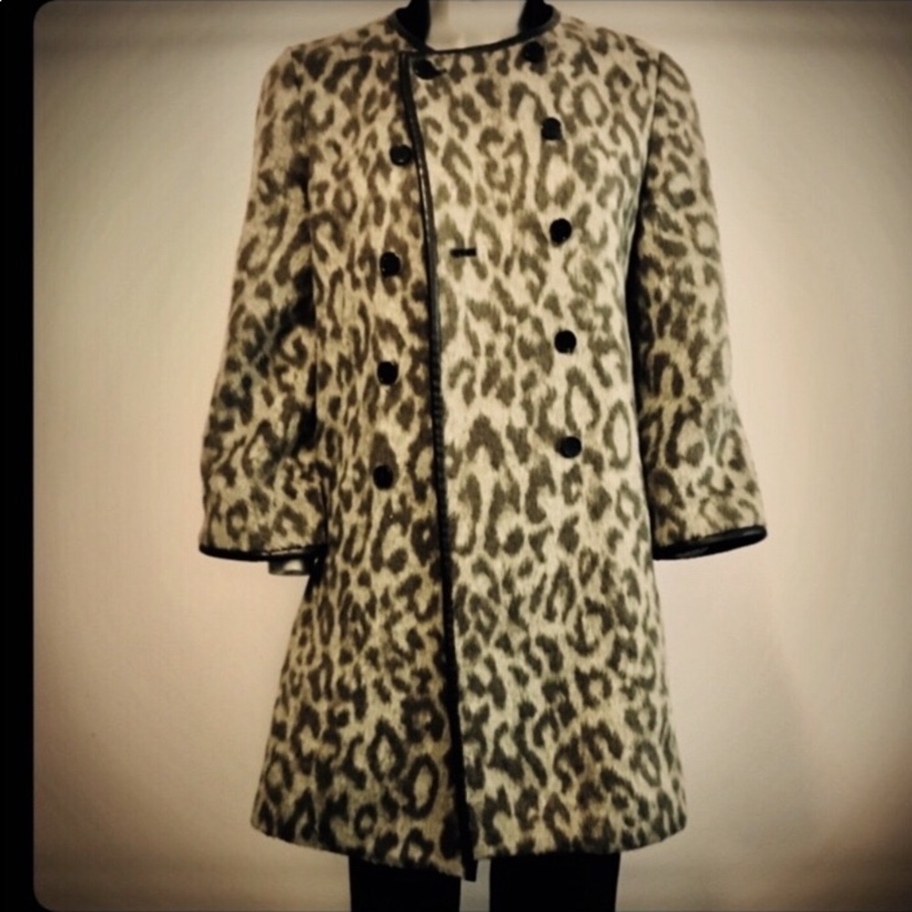 Ann Taylor dress coat leopard print w brown trim 6